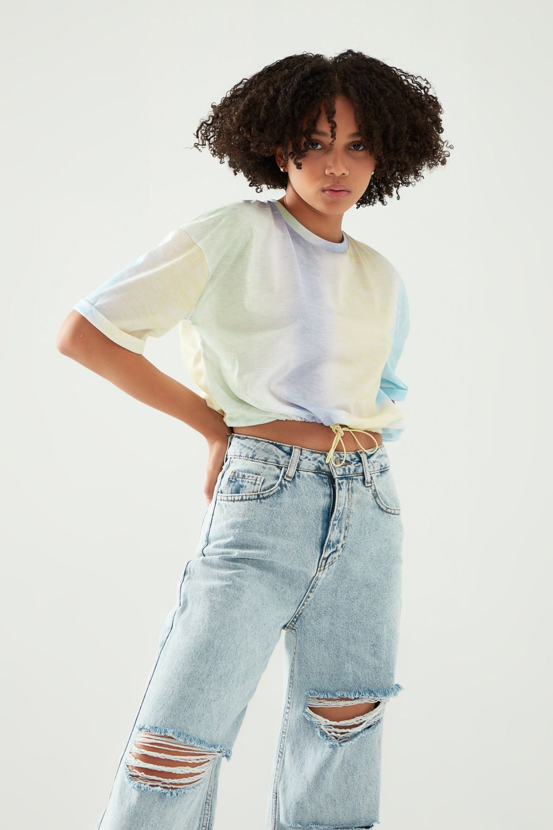 Tie-Dye Patterned Elastic Waist T-Shirt Yellow