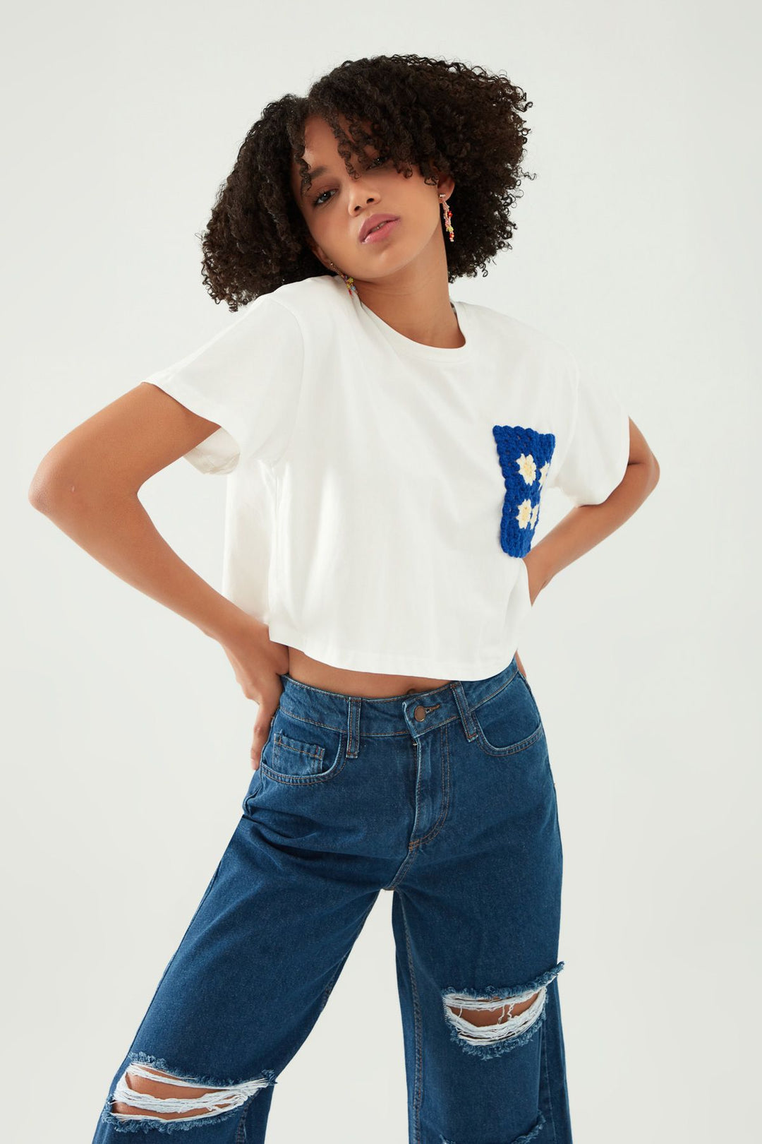 Knit Pocket Crop T-Shirt White