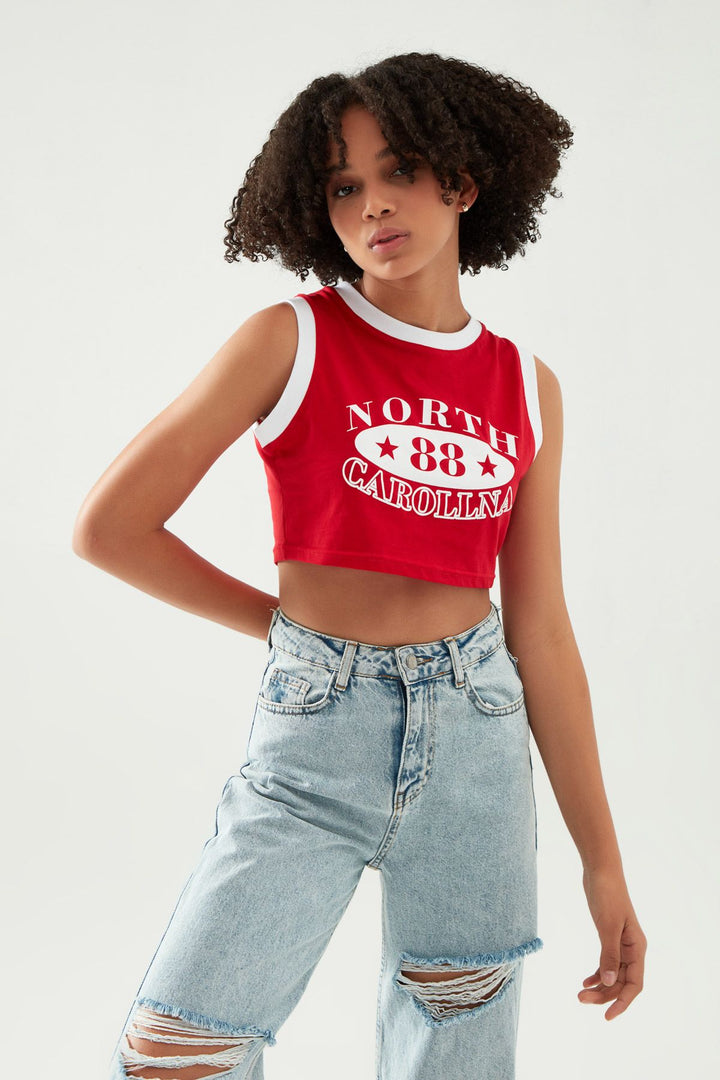 Kolsuz Baskılı Crop Tişört Kırmızı