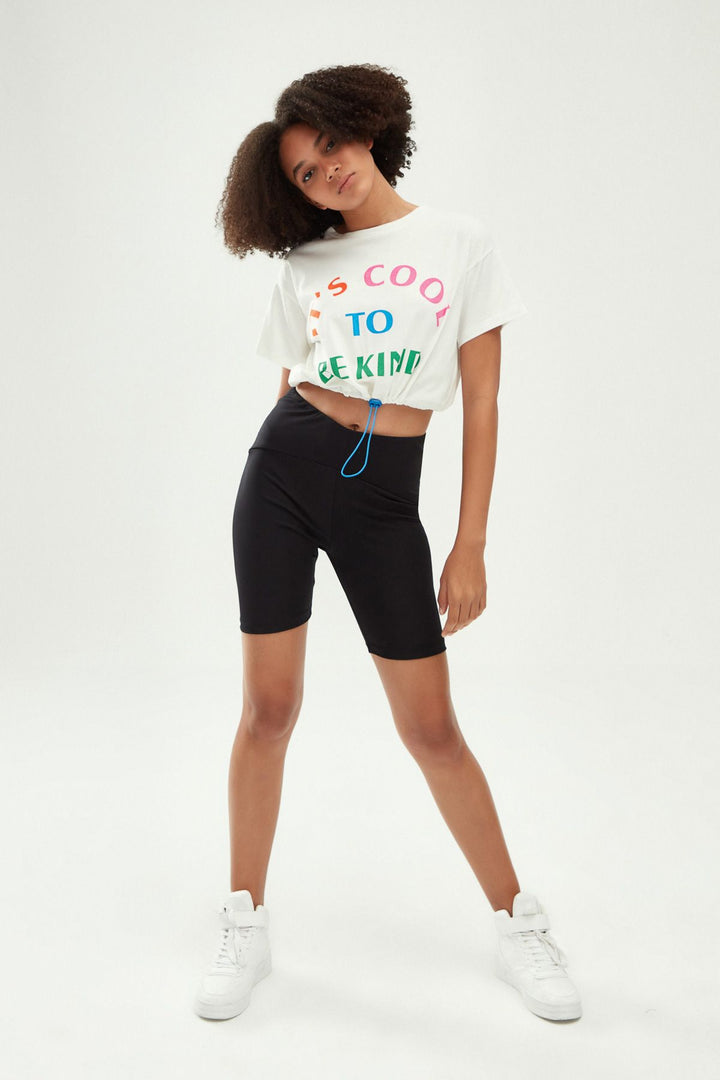 Printed Pleated Crop T-Shirt White