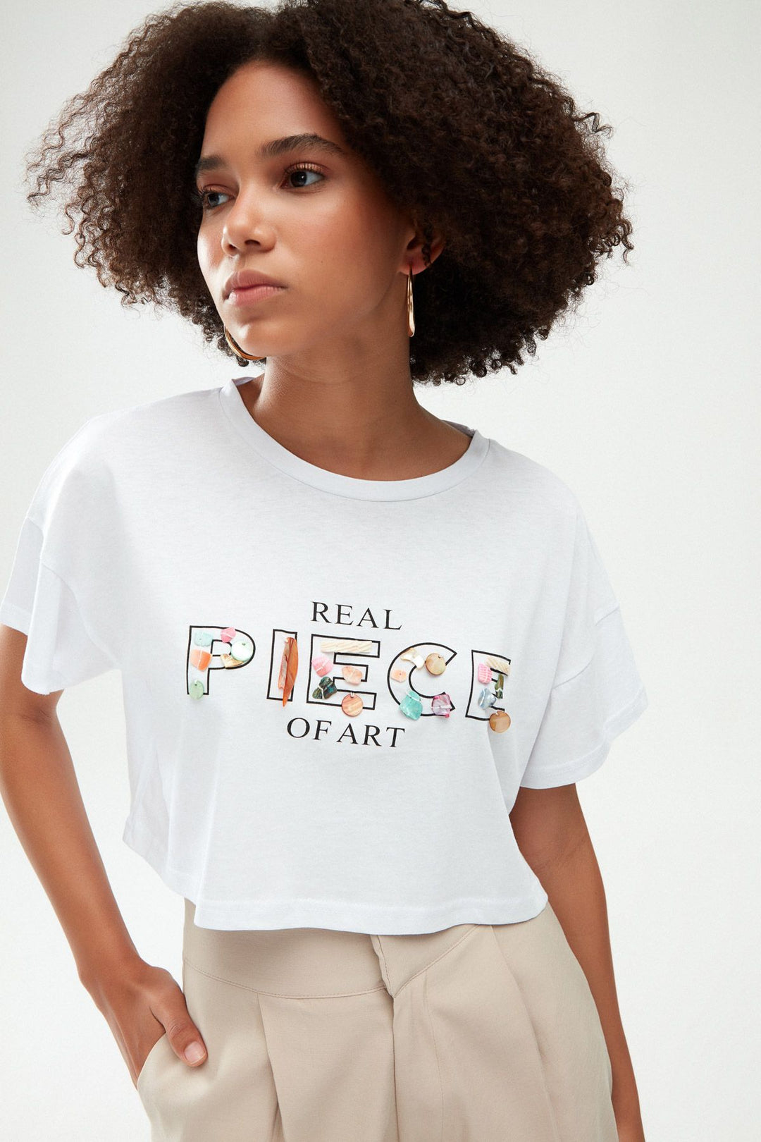 Baskılı Crop Tişört Beyaz