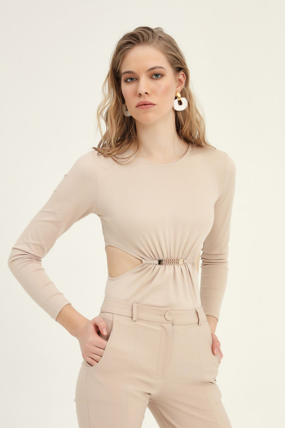 Decollete Detail Accessory Bodysuit Beige