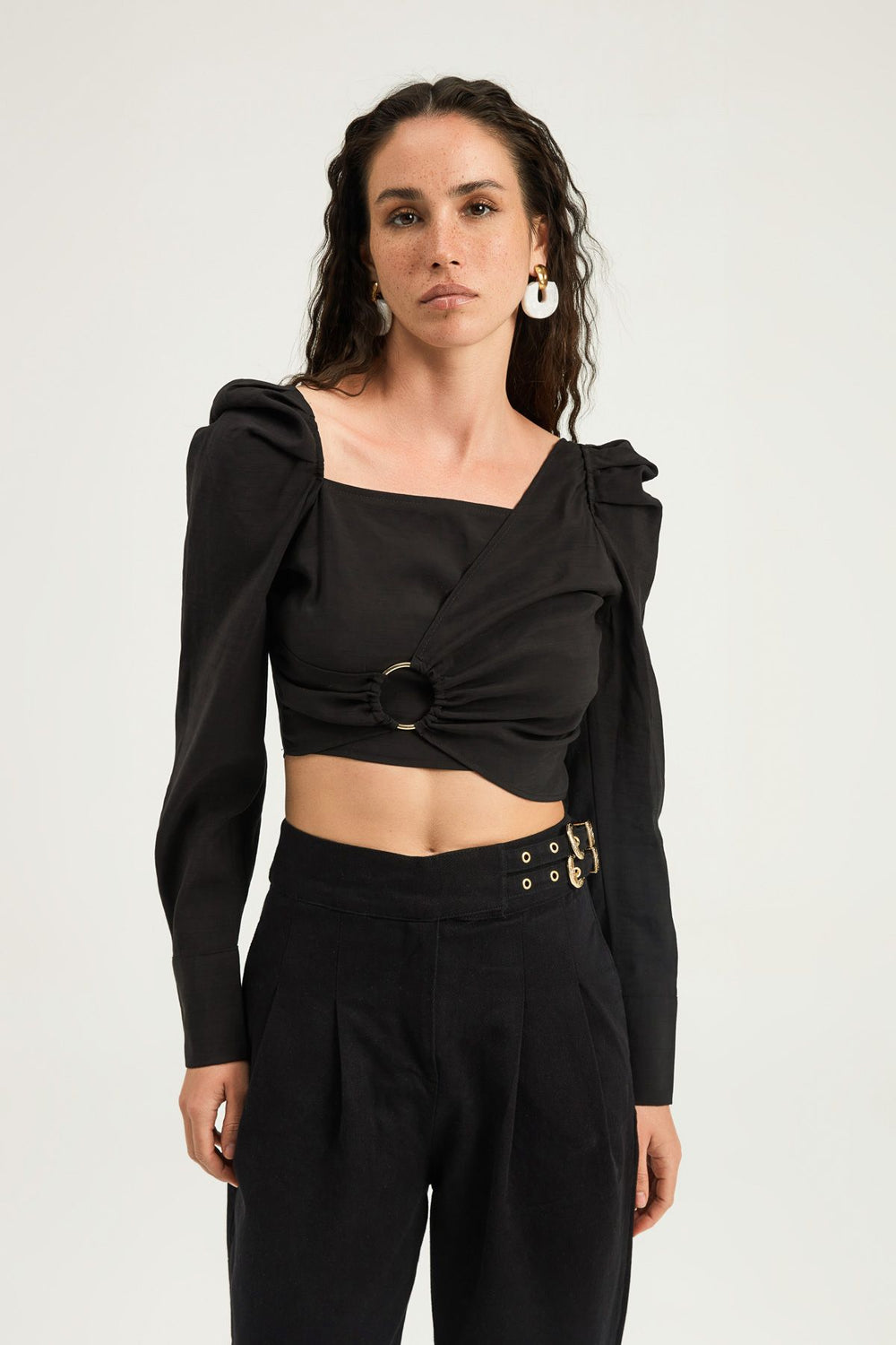 Buckle Detailed Balloon Sleeve Blouse Black