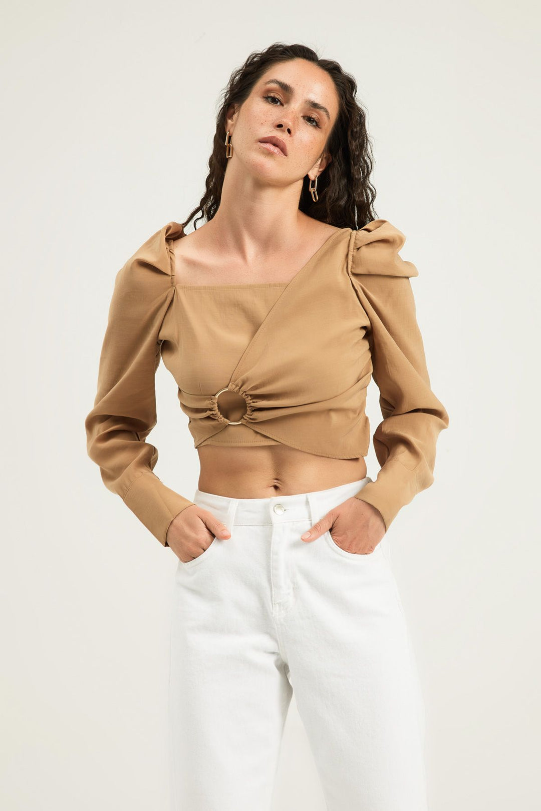 Buckle Detailed Balloon Sleeve Blouse Camel