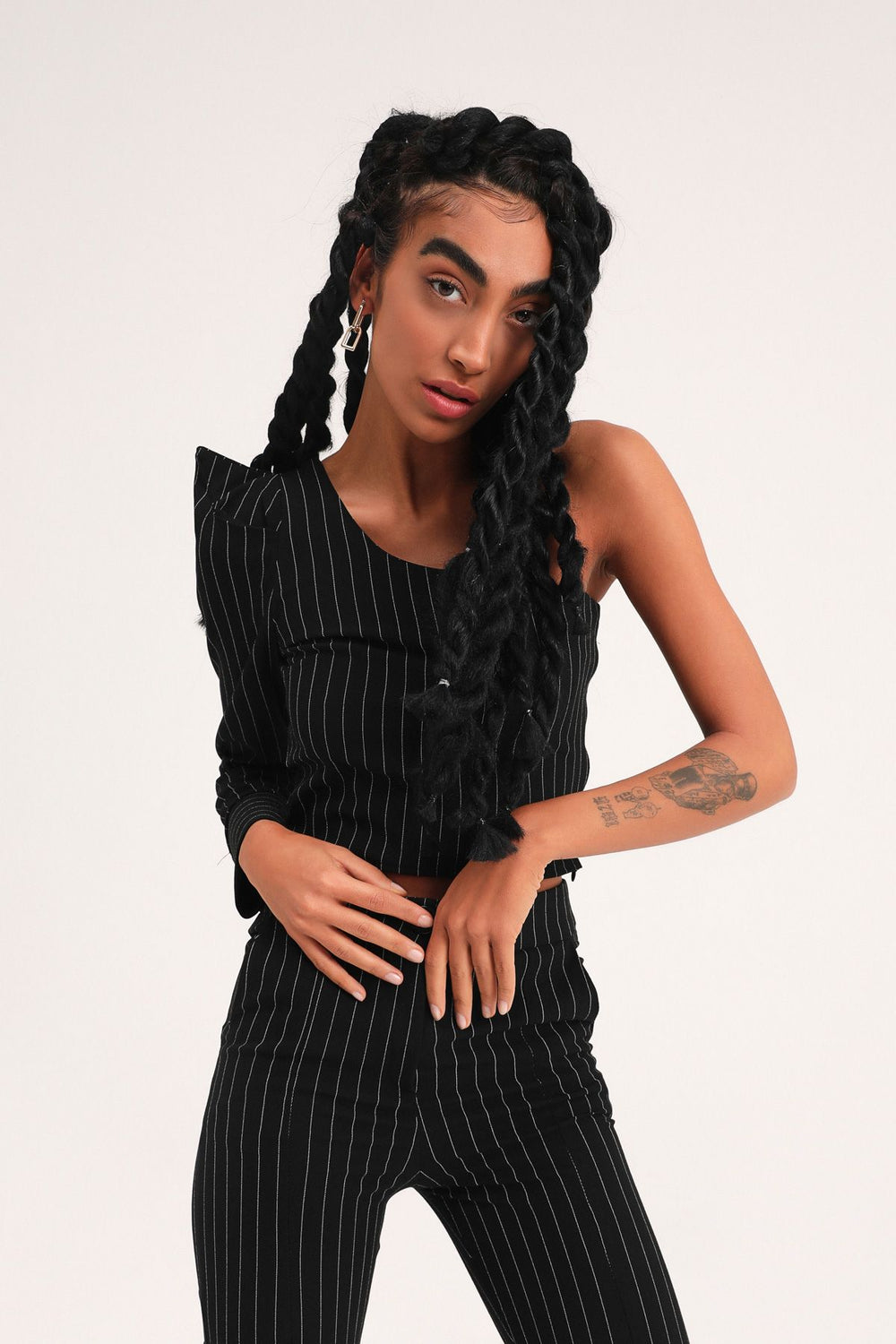 Striped One Shoulder Blouse Black