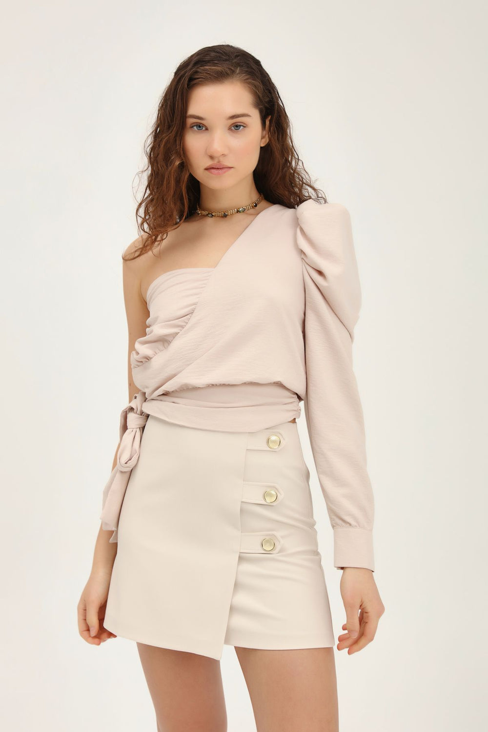 One Shoulder Tie Detailed Blouse Beige
