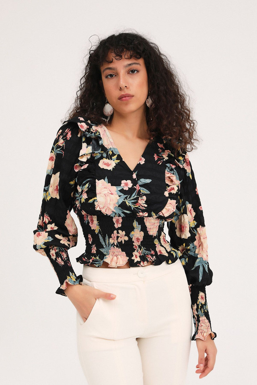 Floral Frilled Double Breasted Blouse Black