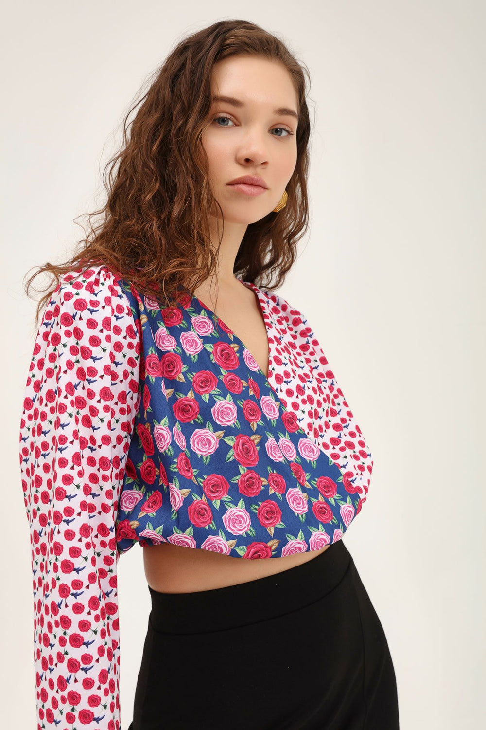Floral Double Breasted Waistband Blouse Fuchsia