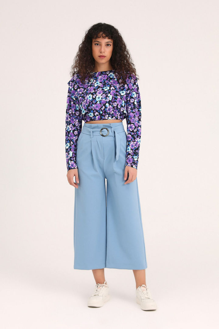 Floral Waistband Crop Blouse Purple