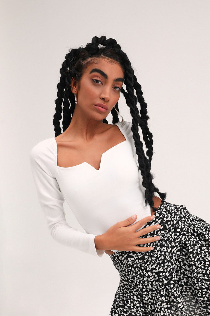 Square Neck Long Sleeve Bodysuit Ecru