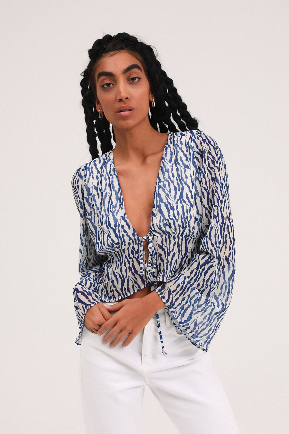 Patterned Tie Front Blouse Indigo