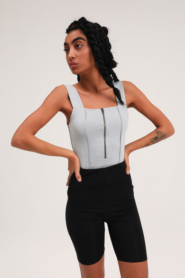 Thick Strap Zippered Bodysuit Gray