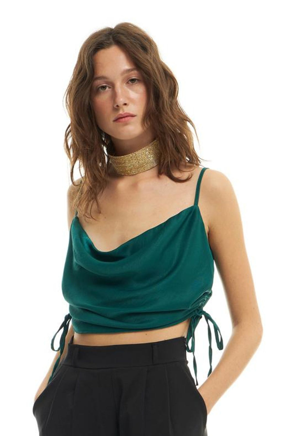 Plunging Collar Pleated Blouse Dark Green