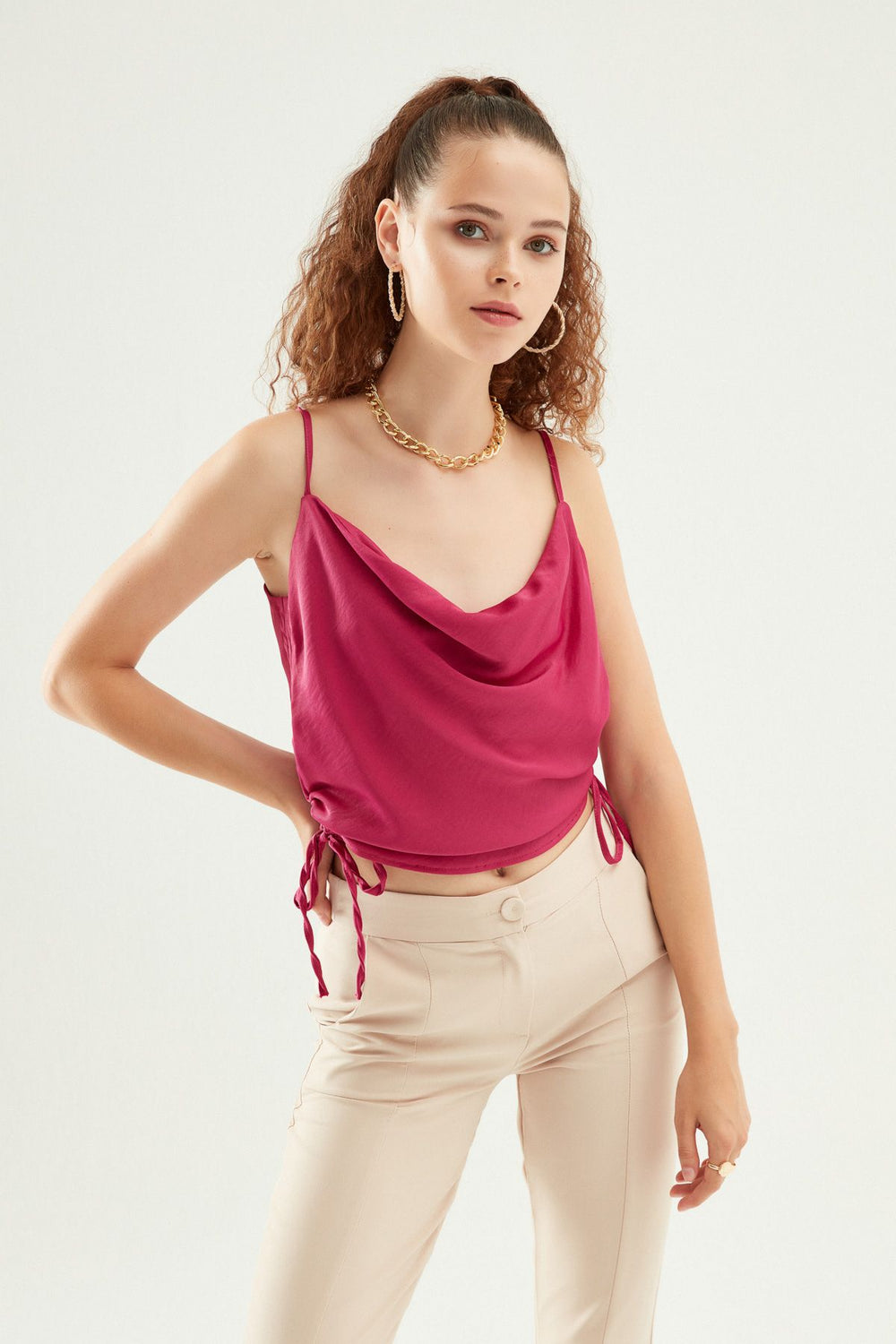 Plunging Collar Pleated Blouse Orchid