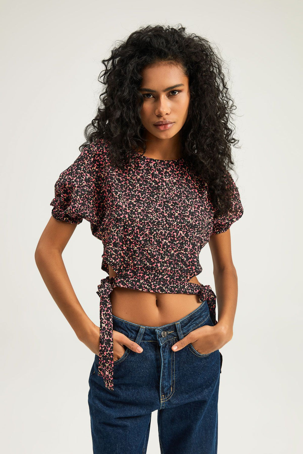 Tie Side Balloon Sleeve Blouse Black