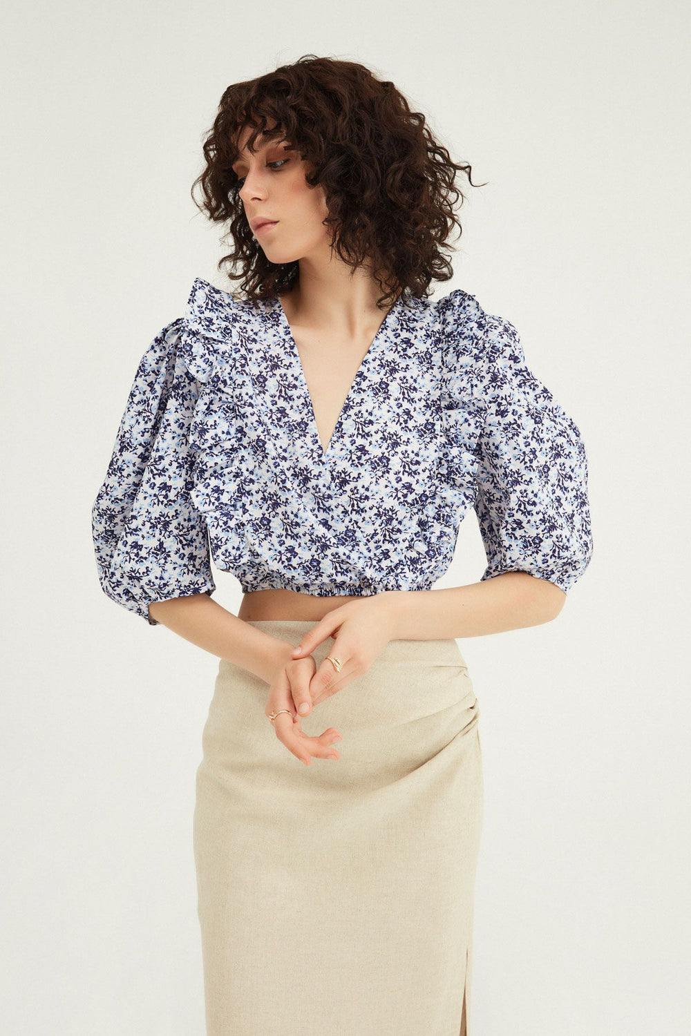 Çiçekli Kruvaze Crop Bluz Mor