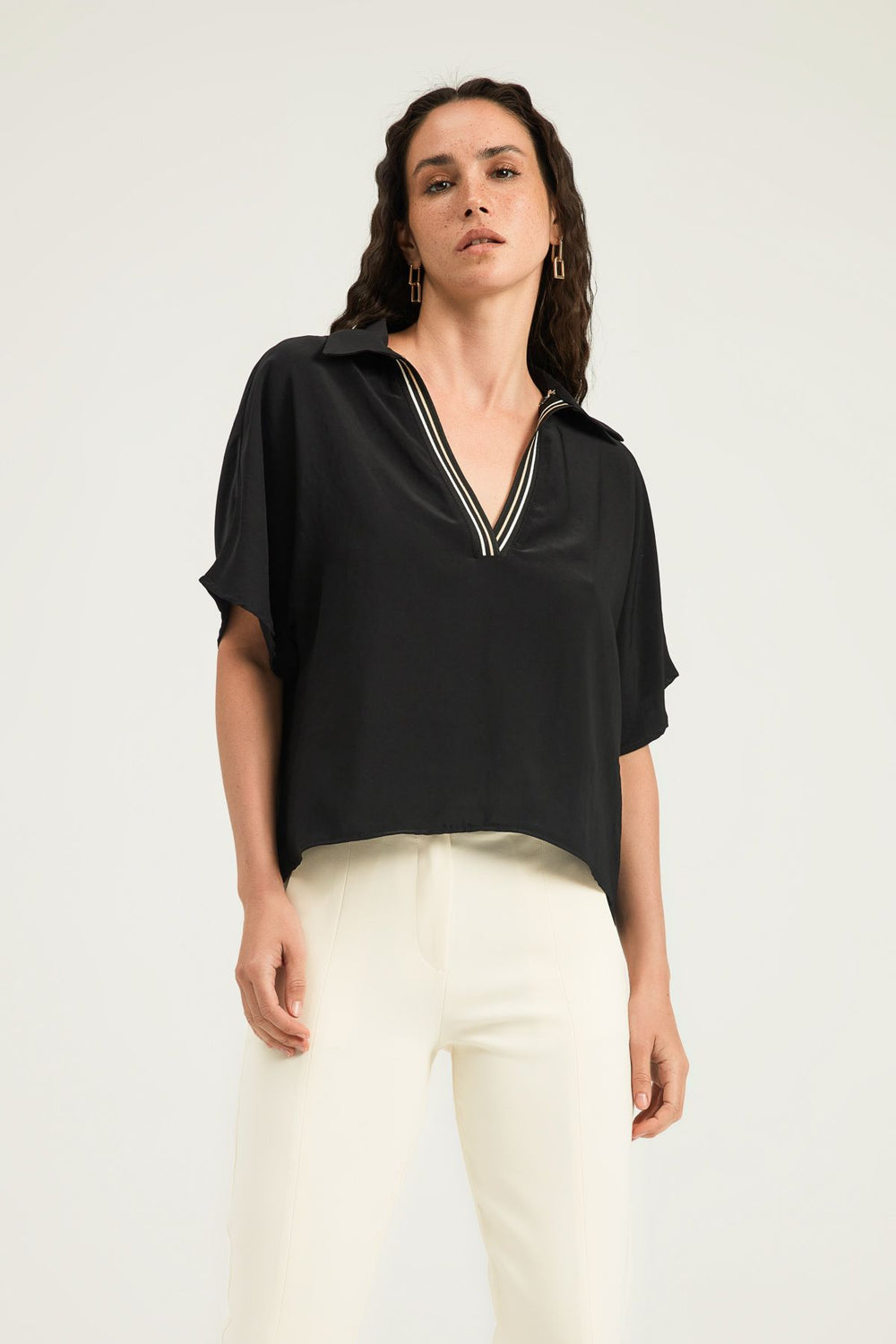 V Neck Oversize Ribbed Blouse Black