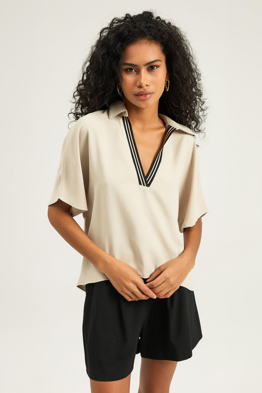 V Neck Oversize Ribbed Blouse Stone