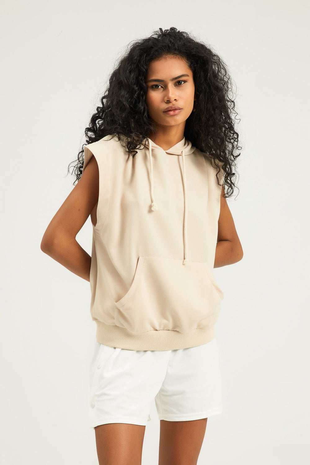 Hooded Kangaroo Pocket Sweatshirt Beige