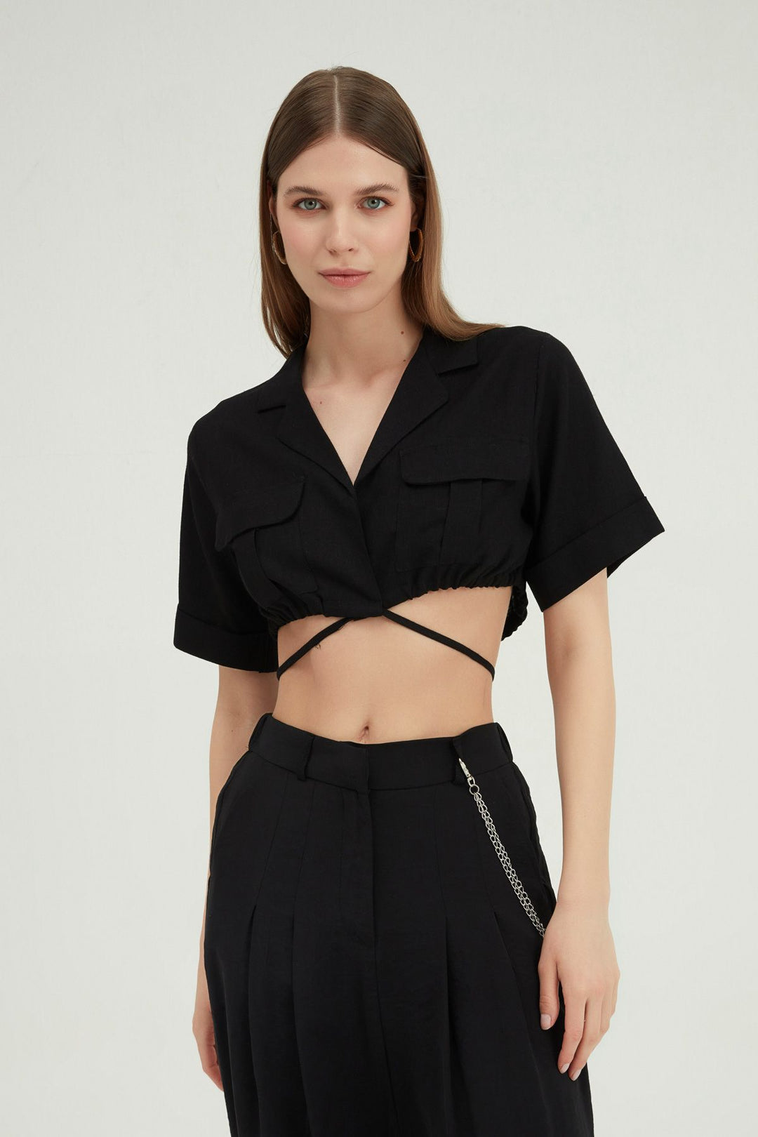Tie Front Crop Linen Shirt Black