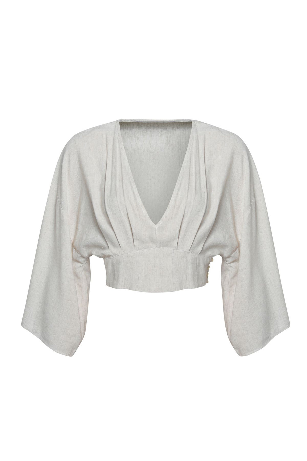 V Yaka Crop Keten Bluz Naturel