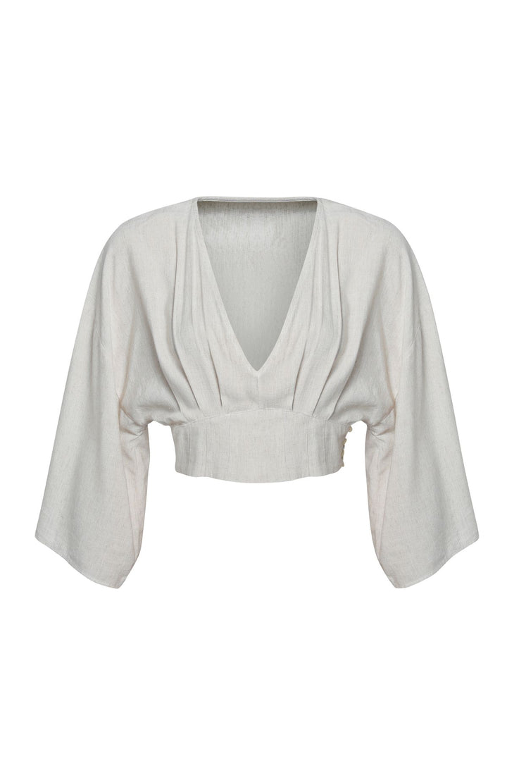 V Yaka Crop Keten Bluz Naturel