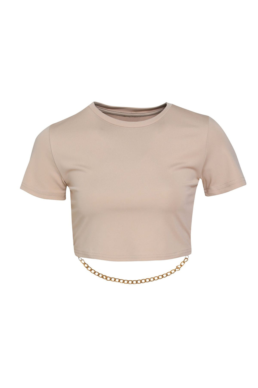 Zincir Detaylı Bisiklet Yaka Crop Bluz Bej