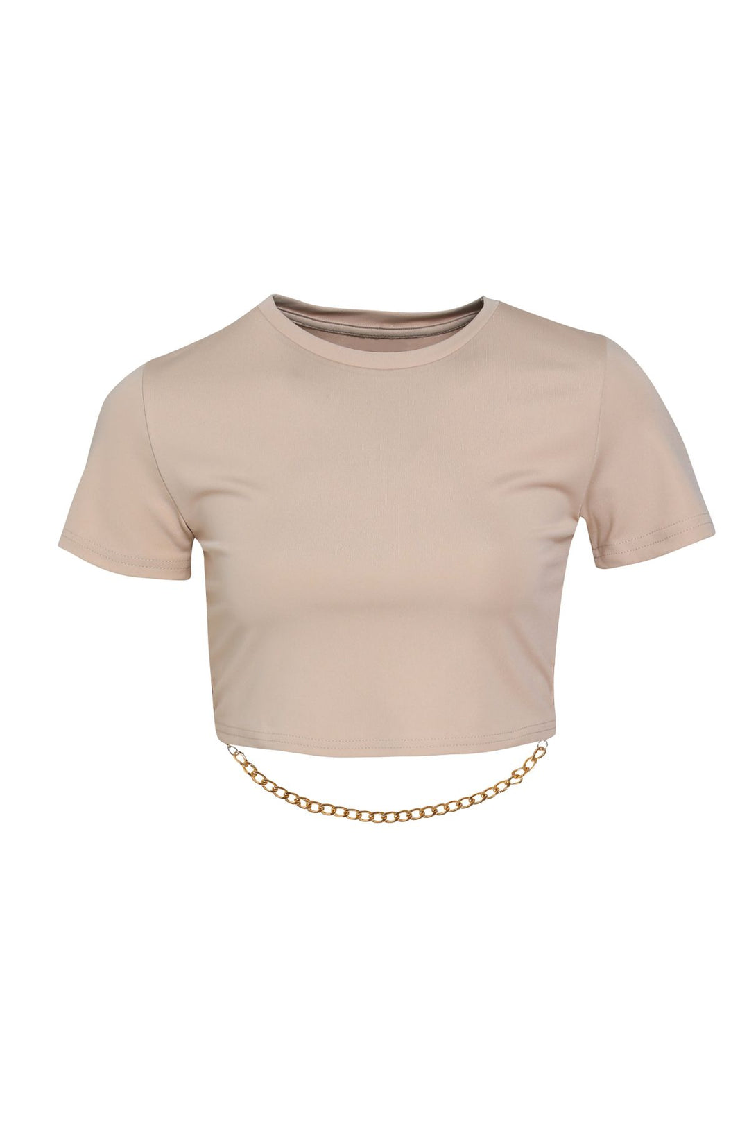 Zincir Detaylı Bisiklet Yaka Crop Bluz Bej