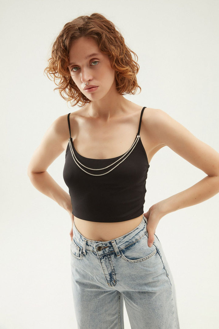 Zincir Detaylı Bluz Siyah