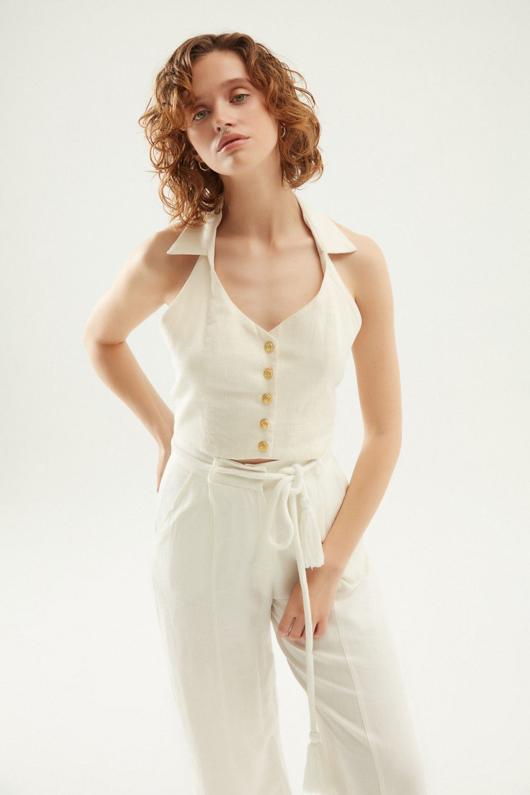 Düğme Detaylı Keten Bluz Naturel