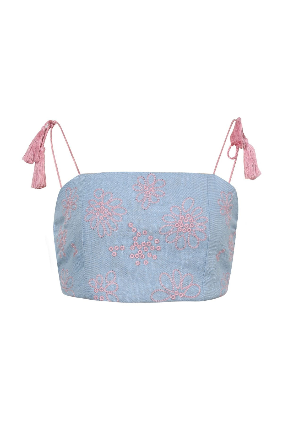 Nakışlı İp Askılı Büstiyer Keten Bluz Mavi