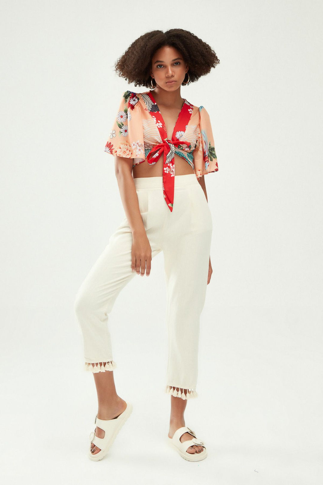 Patterned Tie Front Blouse Orange