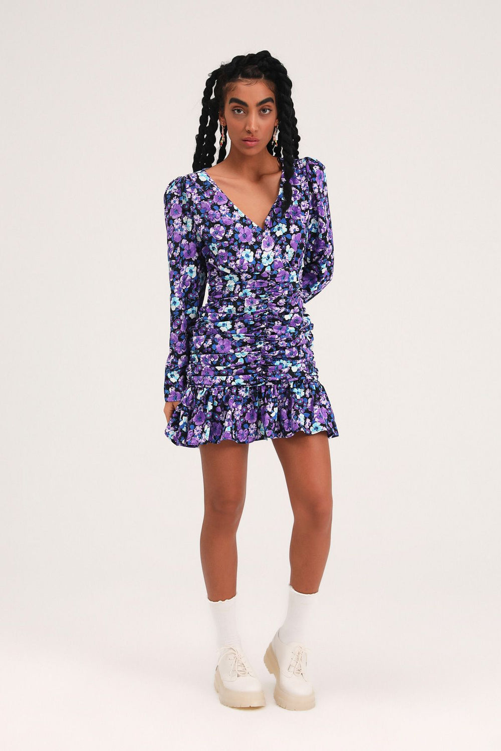 Floral Pleated Balloon Sleeve Dress Purple