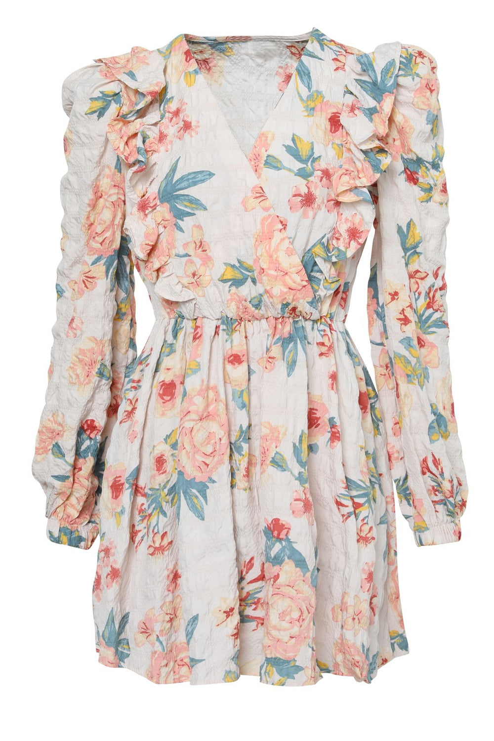 Frilly Double Breasted Floral Mini Dress Ecru