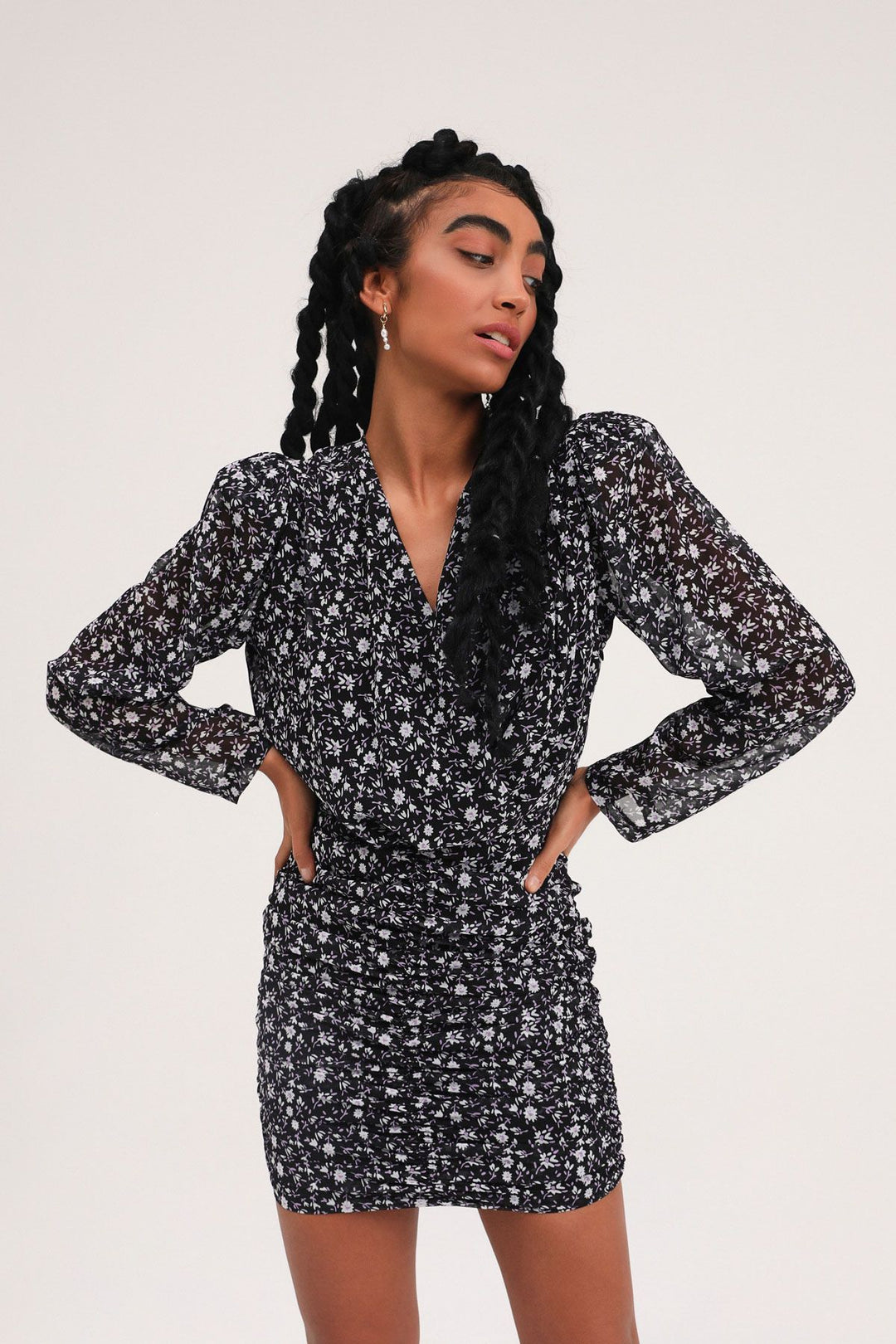 Patterned Pleated Double Breasted Mini Dress Black