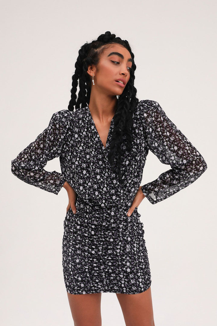 Patterned Pleated Double Breasted Mini Dress Black