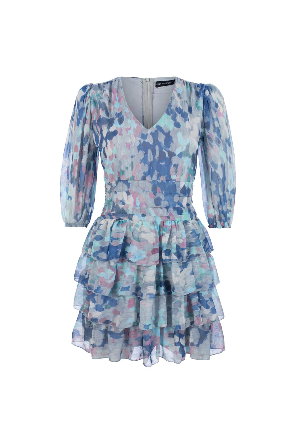 Patterned Tiered Mini Dress Baby Blue
