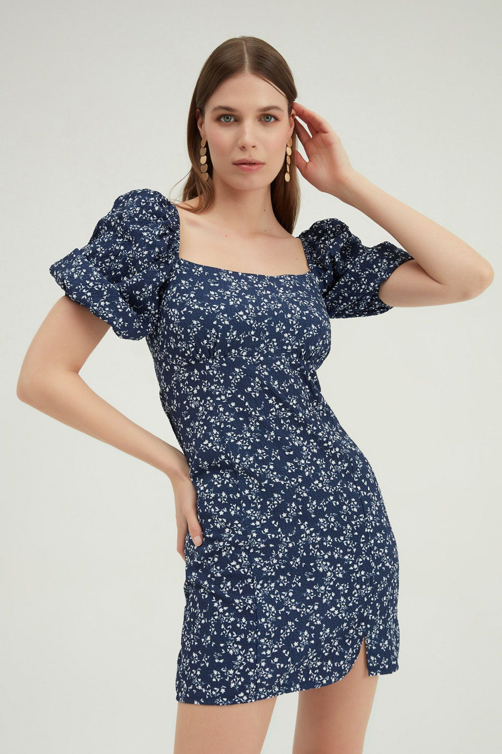 Patterned Watermelon Sleeve Mini Dress Indigo