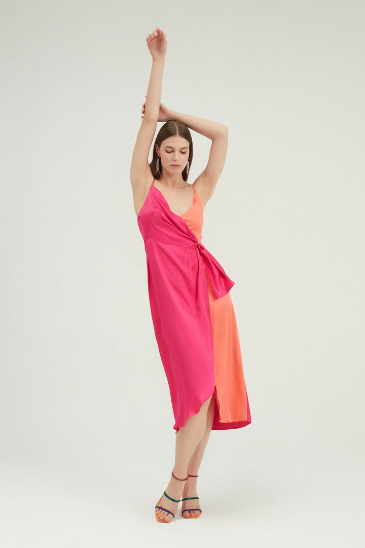 Two Color Double Breasted Strap Dress Fuchsia