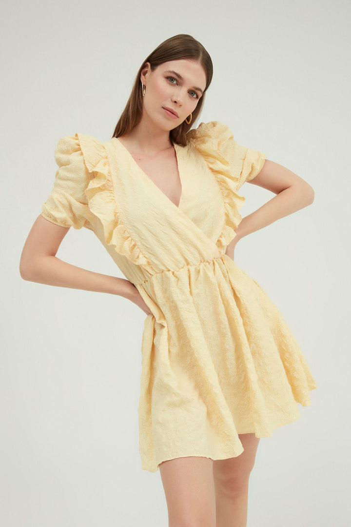 Double Breasted Balloon Sleeve Mini Dress Yellow