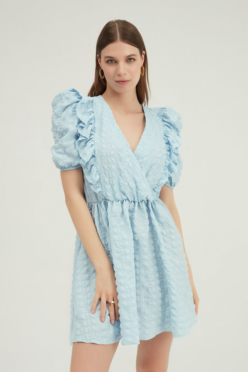Double Breasted Balloon Sleeve Mini Dress Baby Blue