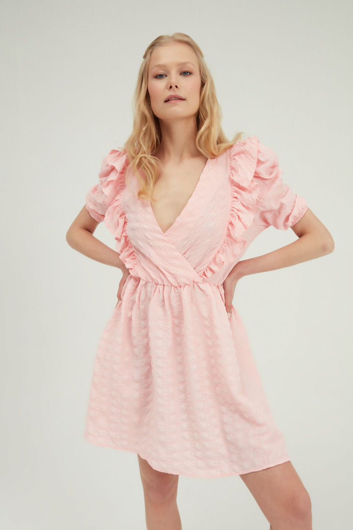 Kruvaze Balon Kol Mini Elbise Pembe