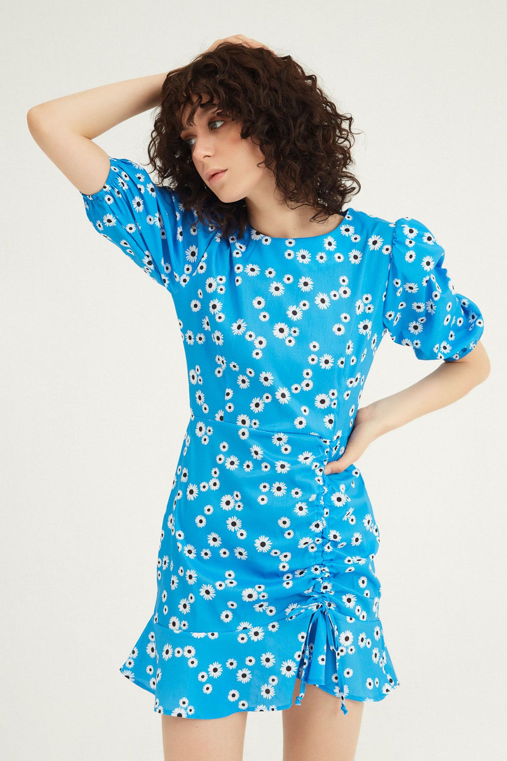 Floral Pleated Mini Dress Blue