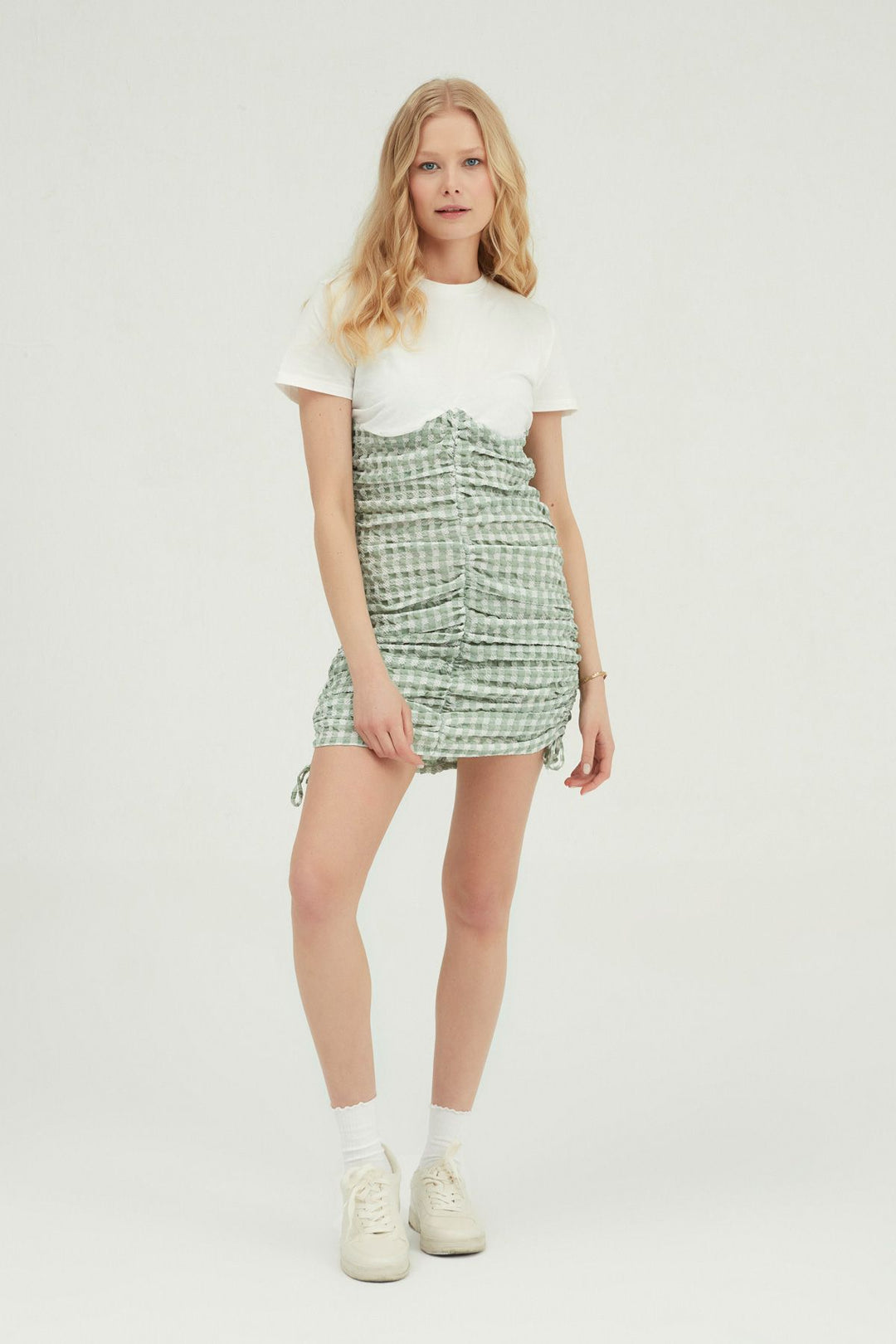 Desenli Gipeli Mini Elbise Mint