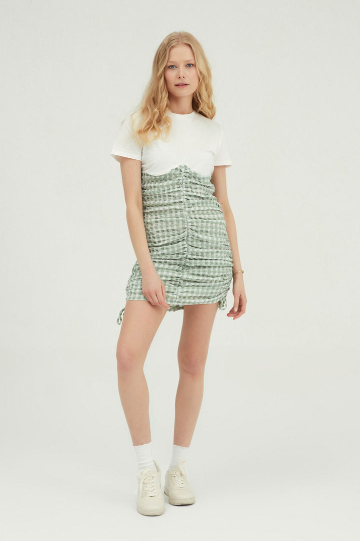 Desenli Gipeli Mini Elbise Mint