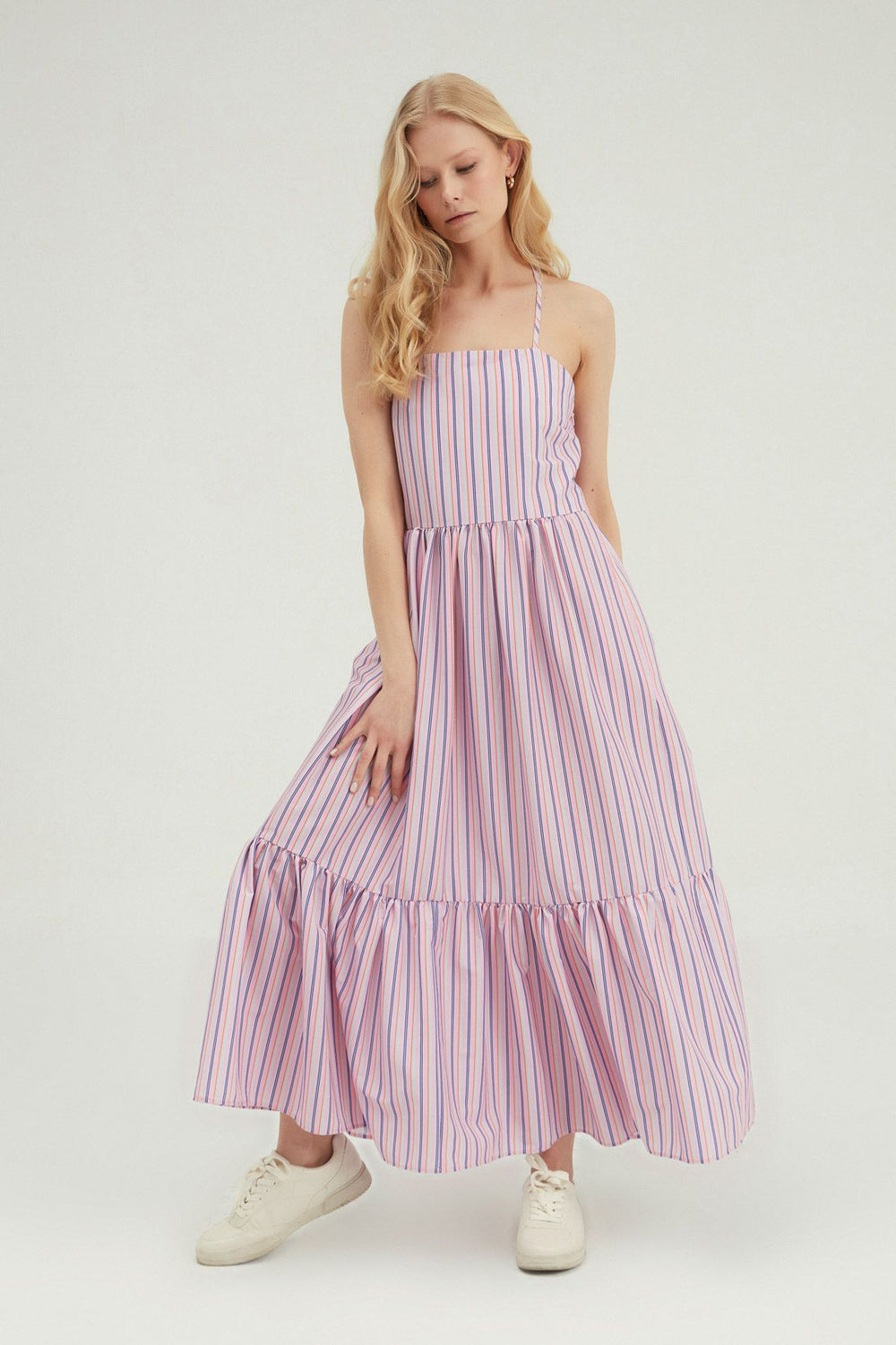 Striped Cross-Strap Long Dress Pink