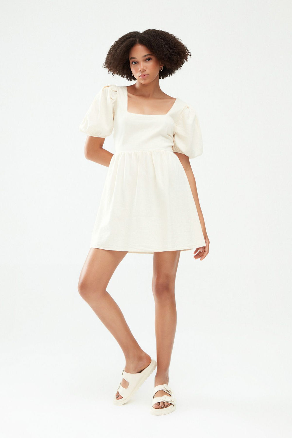 Balloon Sleeve Decollete Waistband Dress Natural