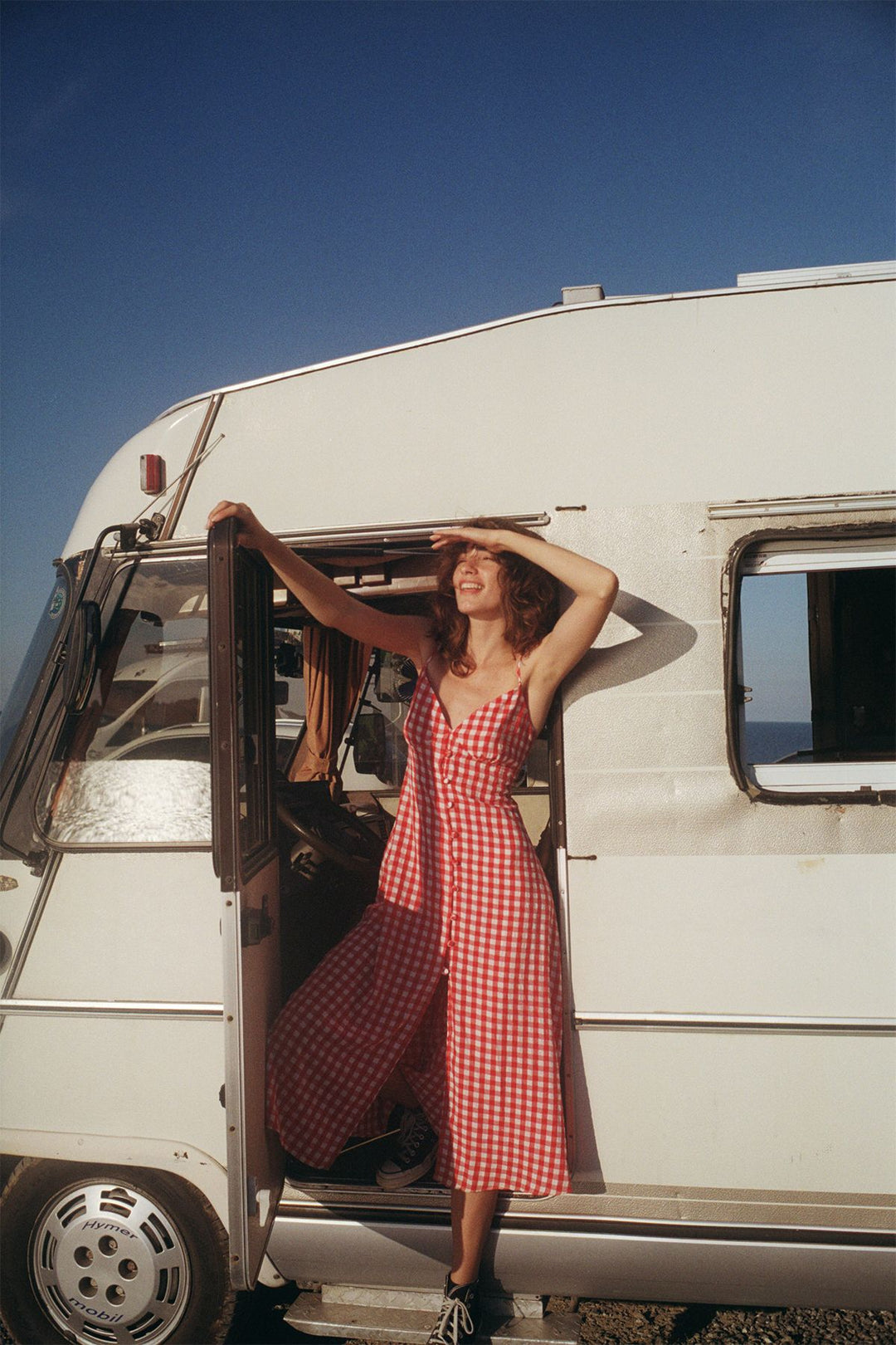 Düğmeli Ekose Elbise Kırmızı