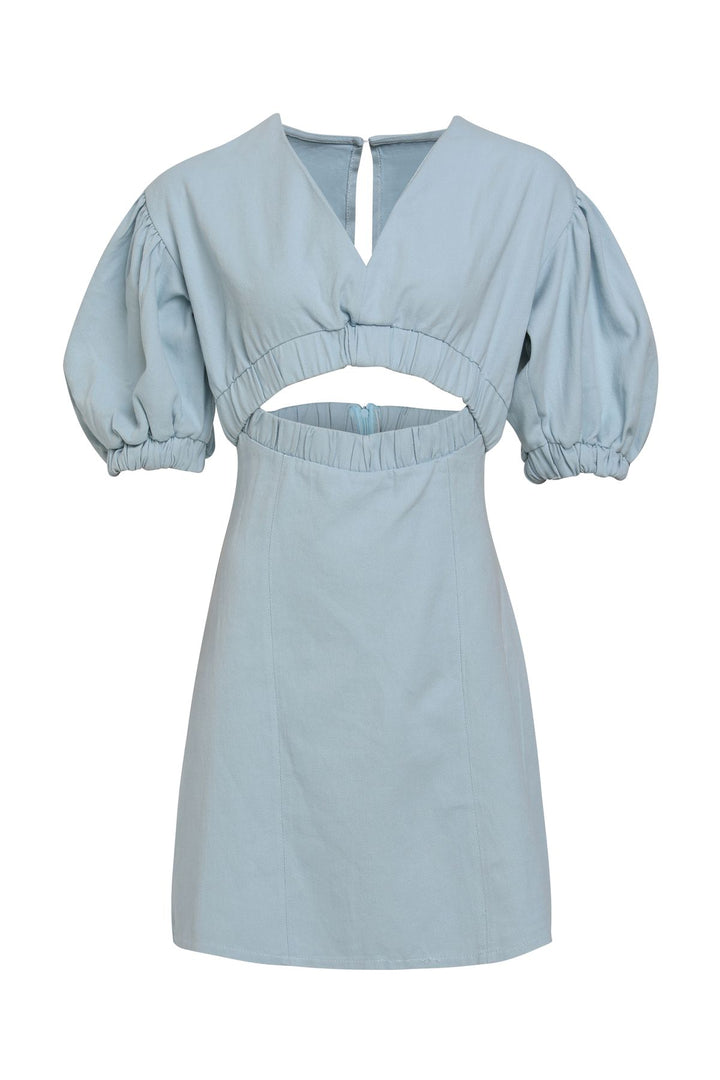 V Yaka Cut Out Gabardin Elbise Bebe Mavi