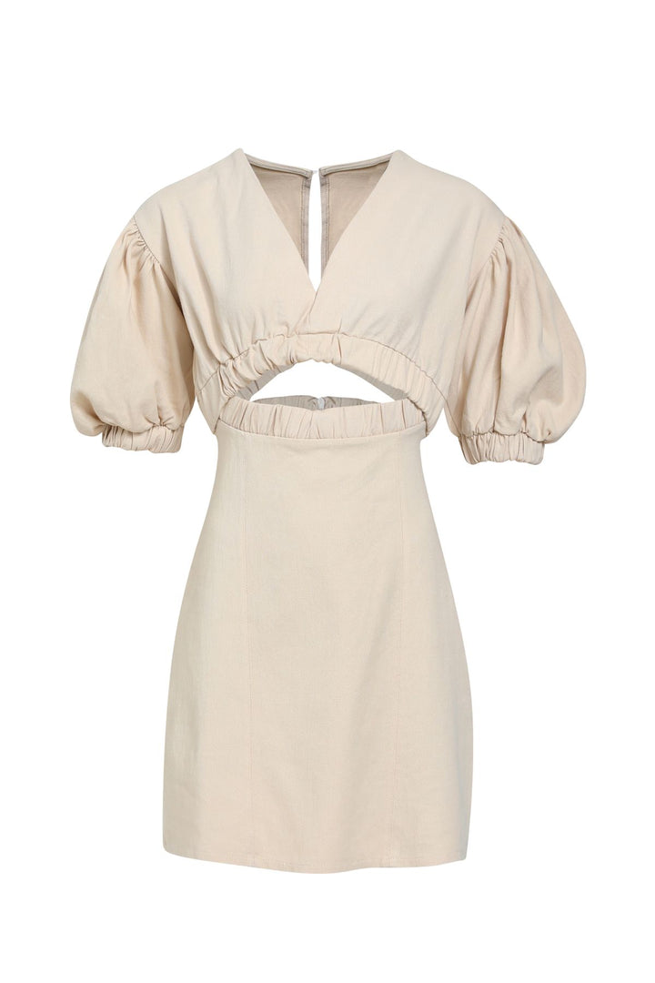 V Yaka Cut Out Gabardin Elbise Taş